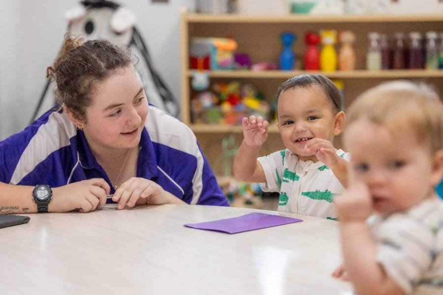 Nursery room, babies with an educator